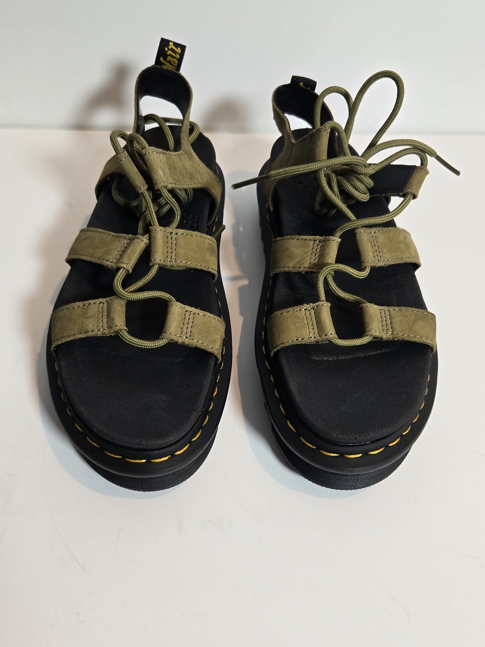 Dr. Martens Nartilla Olive and Black Platform Sandals with Yellow Stitching
